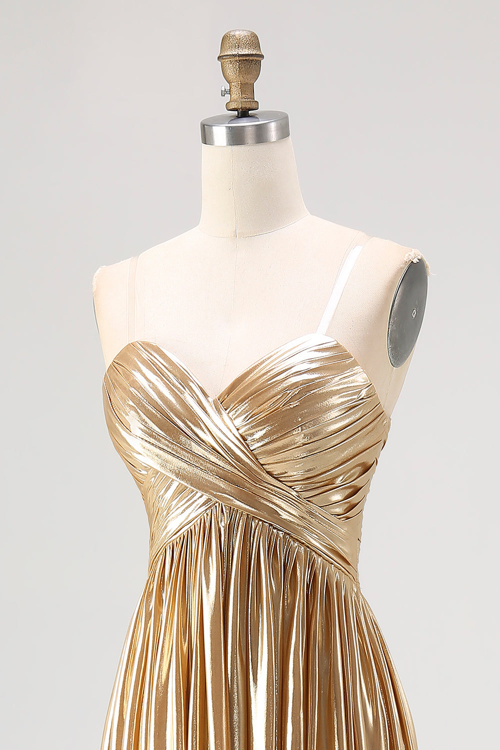 Strapless Gold A Line Satin Pleated Long Prom Dress