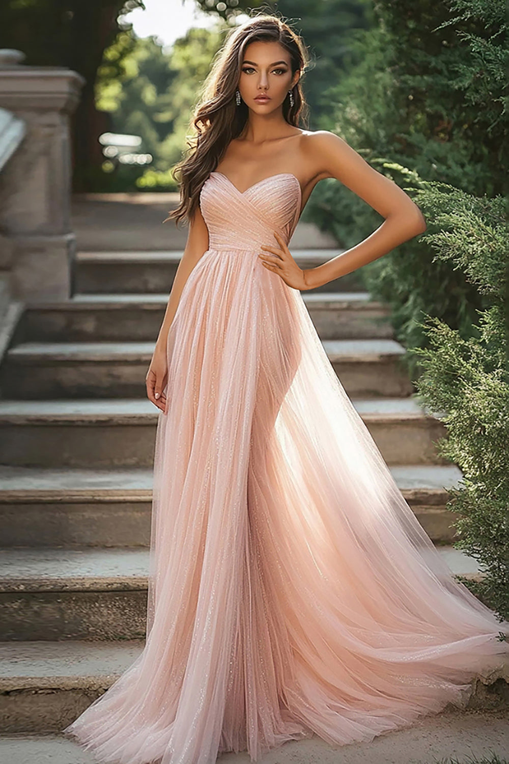 Chic Blush Sweetheart A-Line Ruched Tulle Long Prom Dress With Slit
