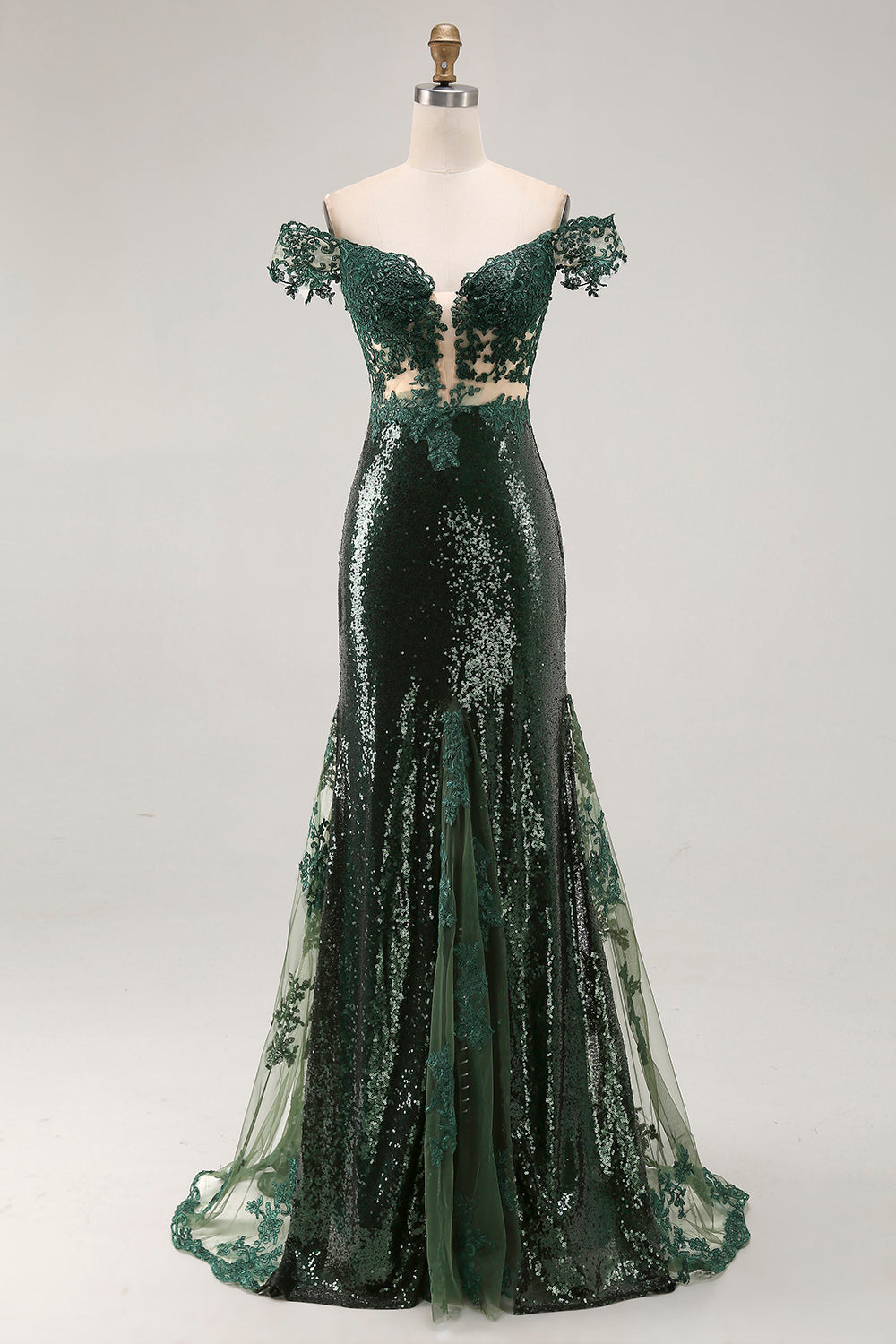 Off the Shoulder Dark Green Mermaid Sequin Long Ball Dress