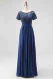 Navy A-Line Boat Neck Lace Appliqued Long Mother Of the Bride Dress