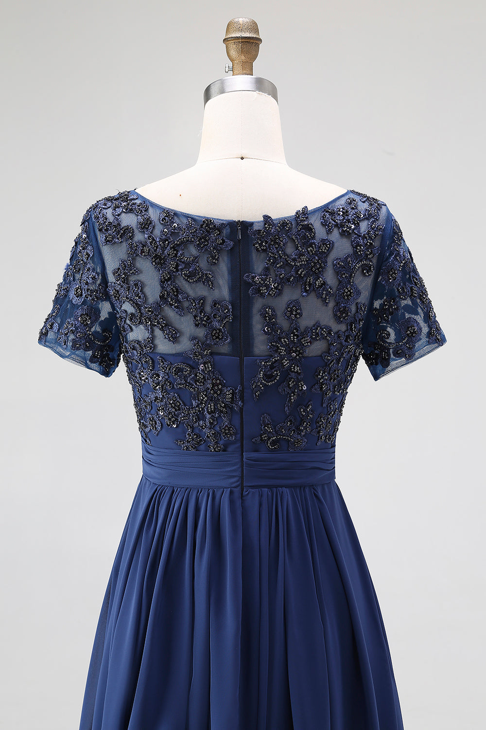 Navy A-Line Boat Neck Lace Appliqued Long Mother Of the Bride Dress