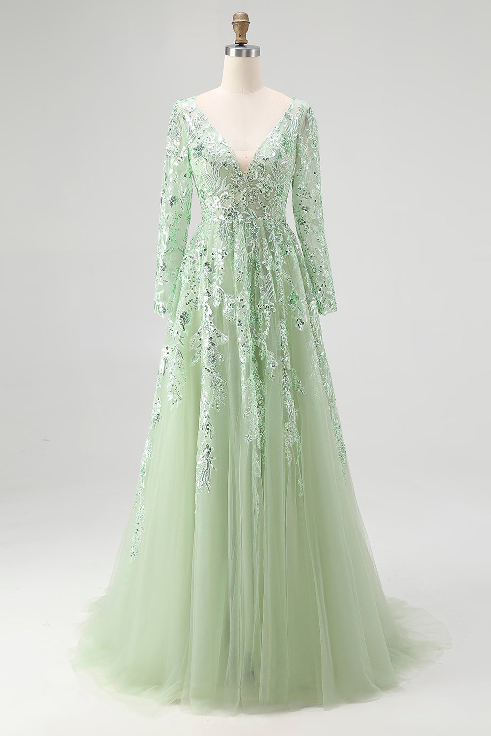 Dusty Sage Lace Applique Long Sleeve Tulle Prom Dress