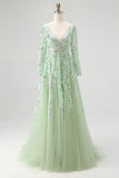 Dusty Sage Lace Applique Long Sleeve Tulle Prom Dress