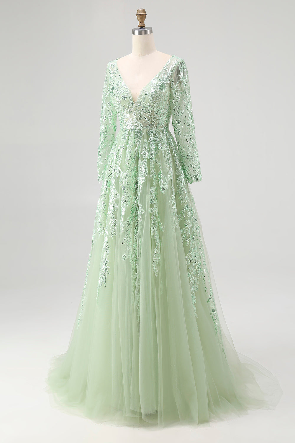 Dusty Sage Lace Applique Long Sleeve Tulle Prom Dress