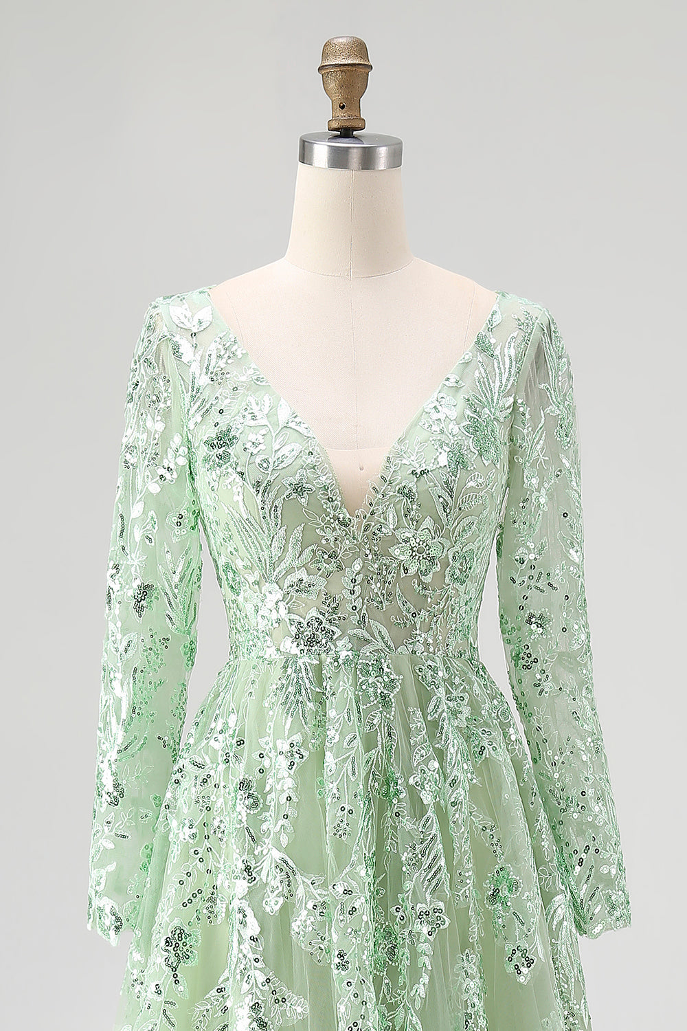 Dusty Sage Lace Applique Long Sleeve Tulle Prom Dress