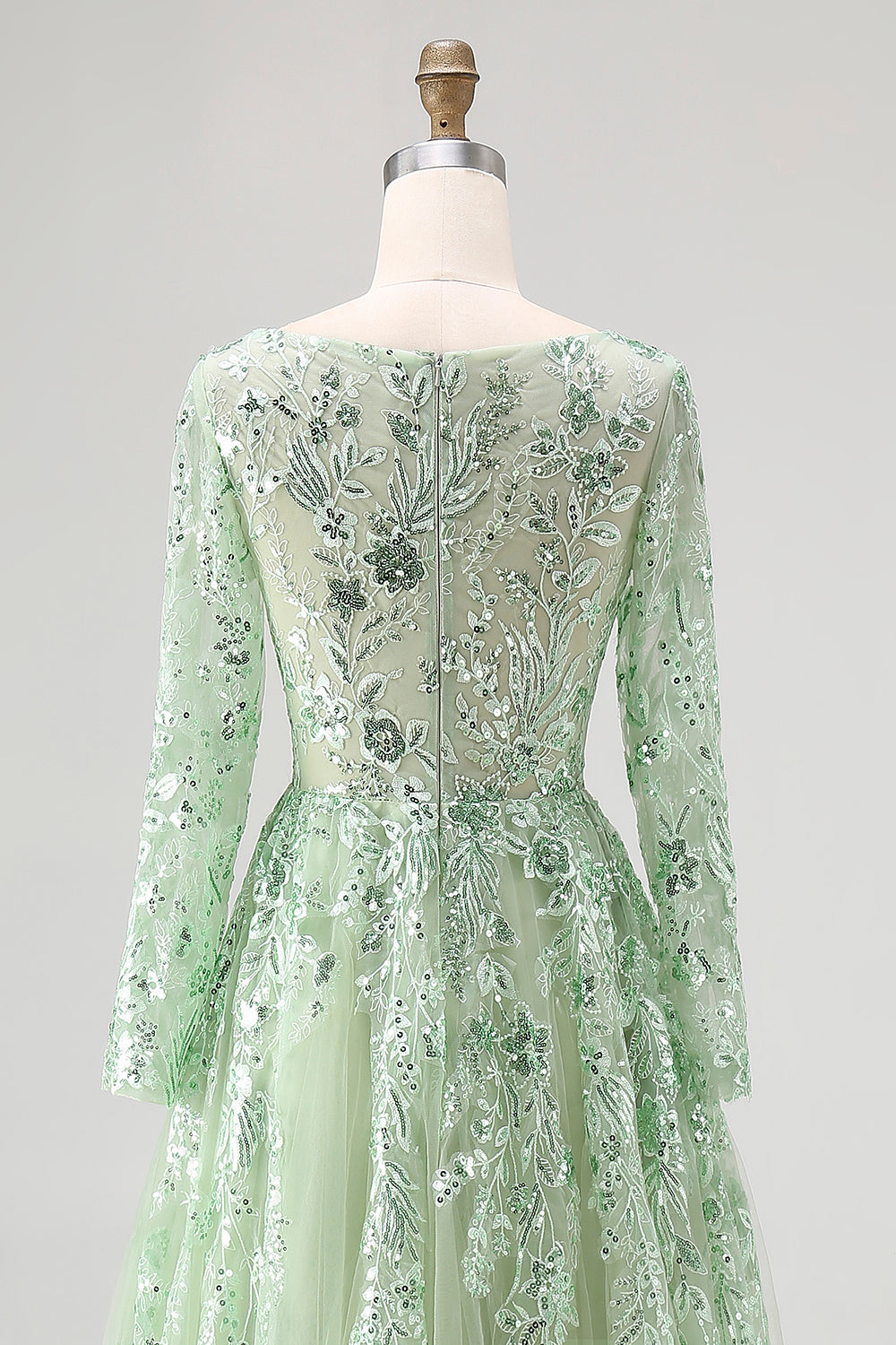 Dusty Sage Lace Applique Long Sleeve Tulle Prom Dress