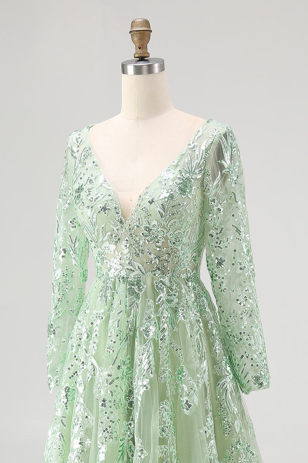 Dusty Sage Lace Applique Long Sleeve Tulle Prom Dress