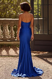 Royal Blue Satin V Neck Pleated Sheath Prom Dress with Slit