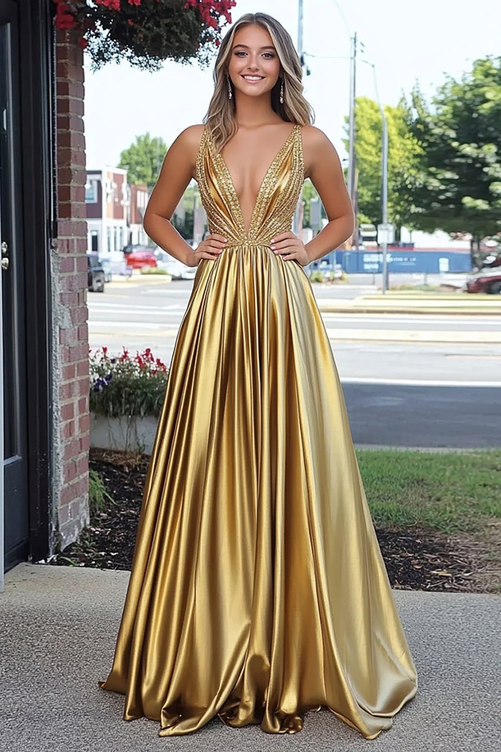 Sparkly Golden A Line Deep-V Neck Satin Long Prom Dress