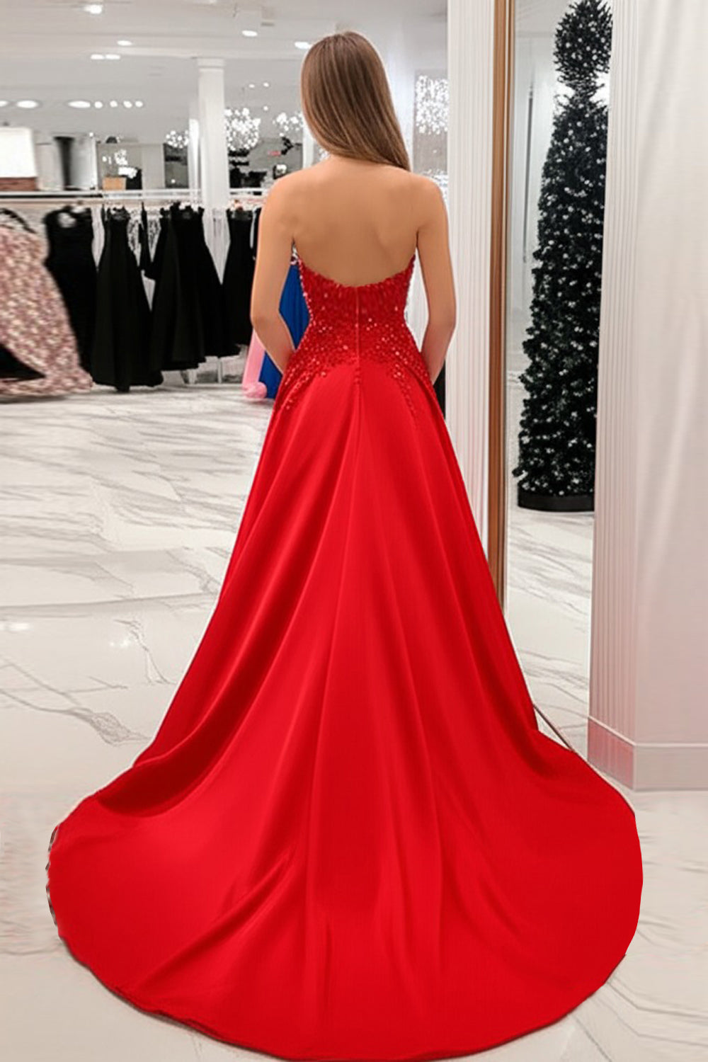 Princess Red Sweetheart Satin Prom Dress with Appliques
