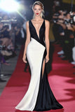 Sheath Deep V Neck Black&White Long Gala Dress