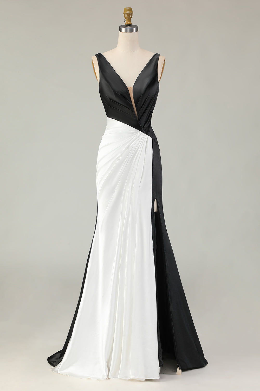 Sheath Deep V Neck Black&White Long Gala Dress