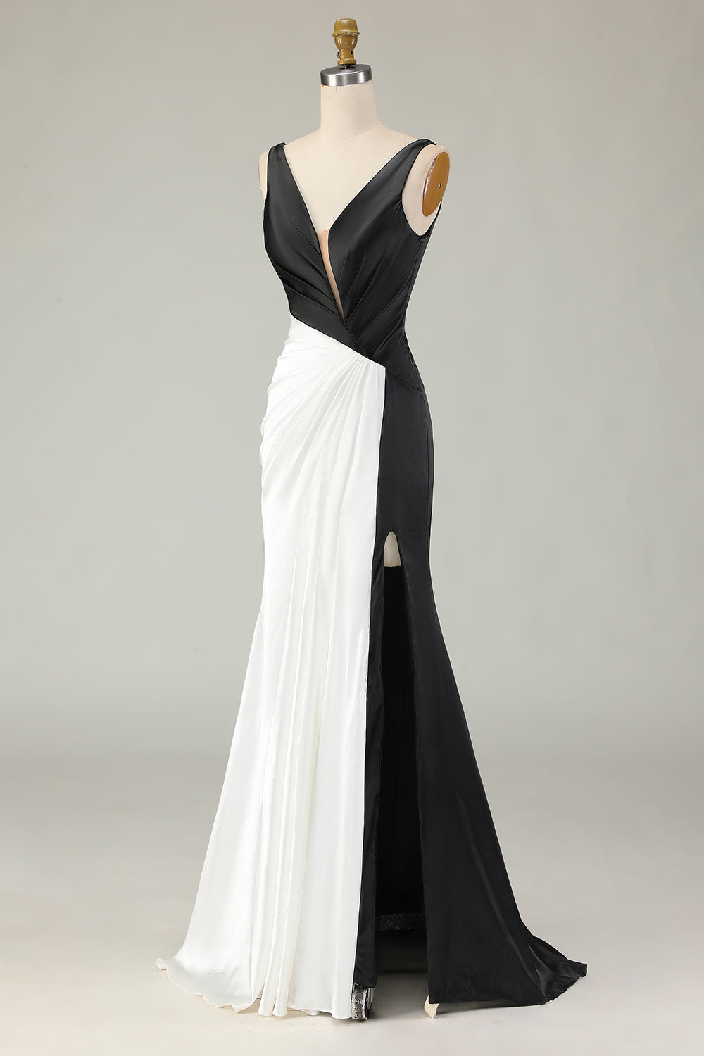 Sheath Deep V Neck Black&White Long Gala Dress