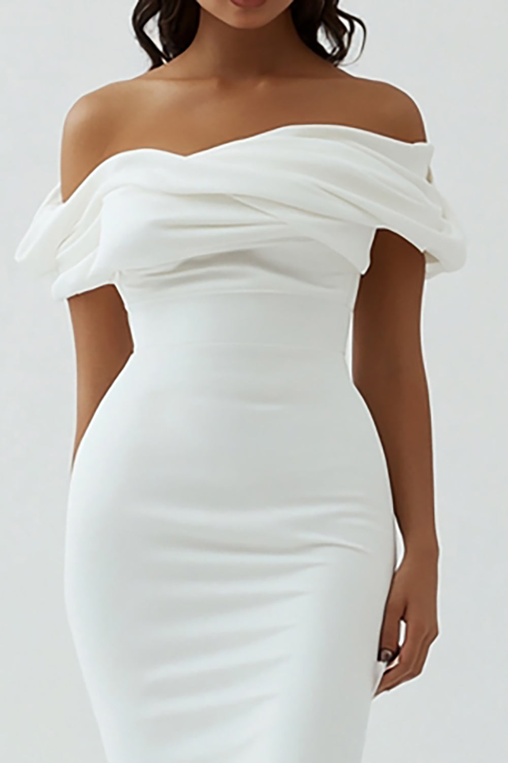 Off the Shoulder White Sheath Matte Satin Asymmetrical Graduation Dress