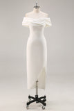 Off the Shoulder White Sheath Matte Satin Asymmetrical Graduation Dress