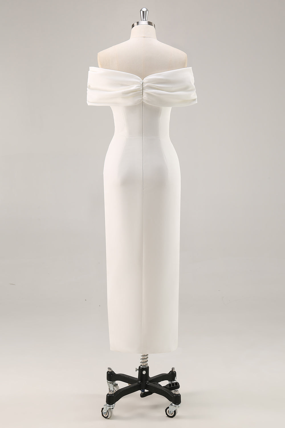 Off the Shoulder White Sheath Matte Satin Asymmetrical Graduation Dress