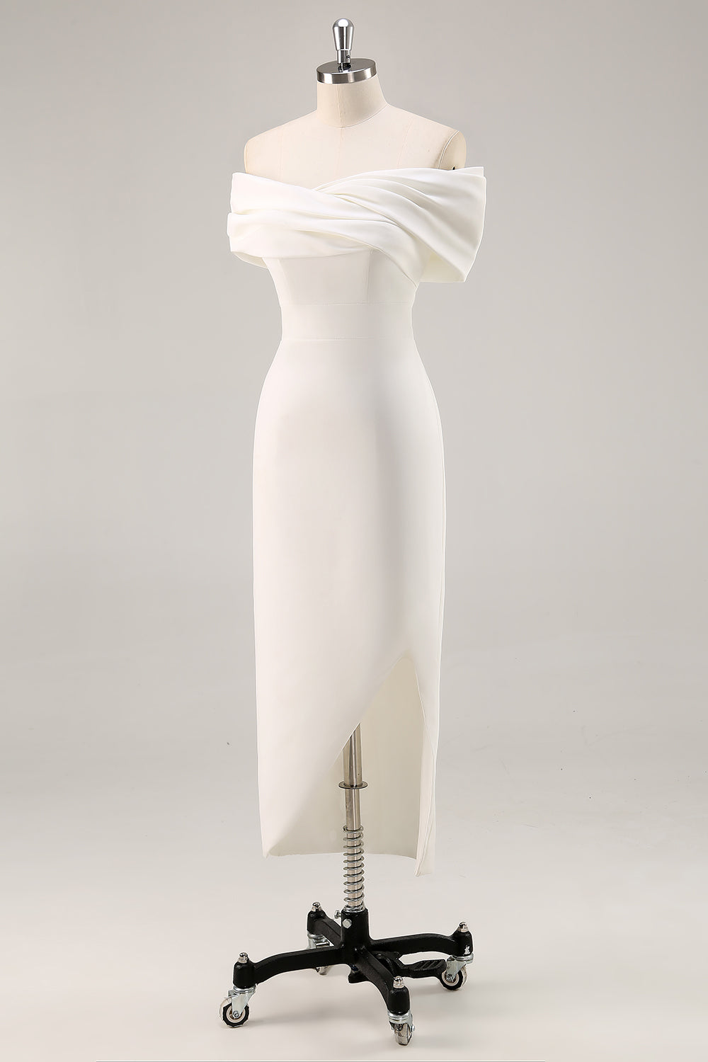 Off the Shoulder White Sheath Matte Satin Asymmetrical Graduation Dress