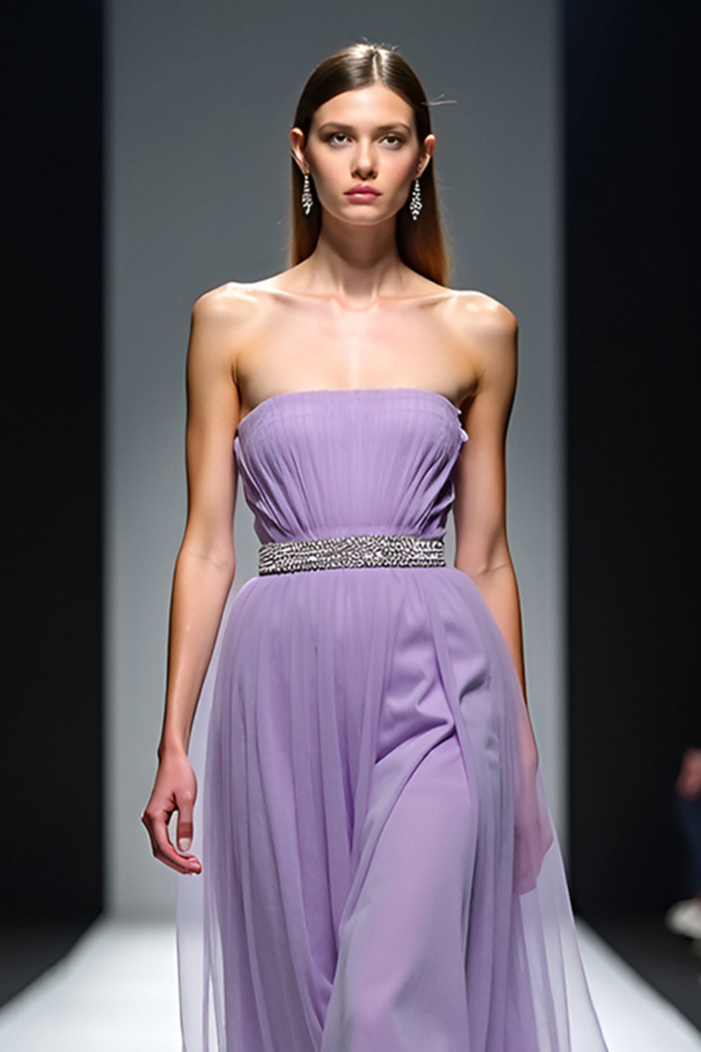 Lilac Tulle Strapless A-Line Long Wedding Guest Dress