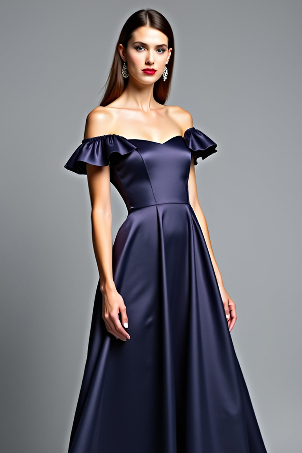 Off the Shoulder Navy Satin A Line Formal Dress