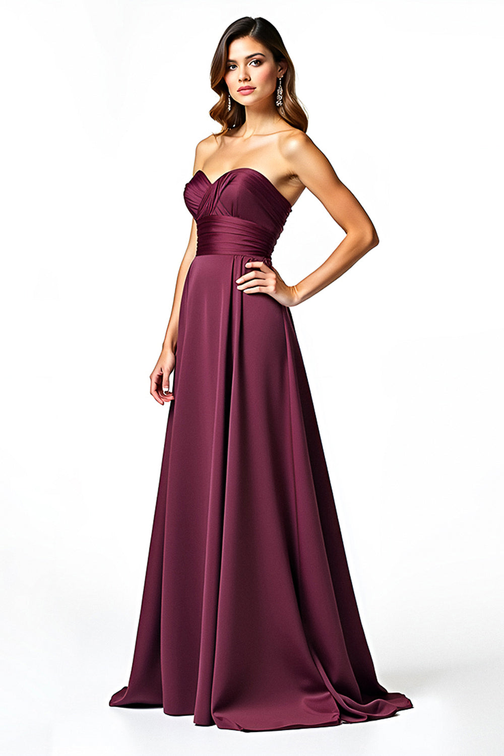 Burgundy A Line Pleated Strapless Formal Dress
