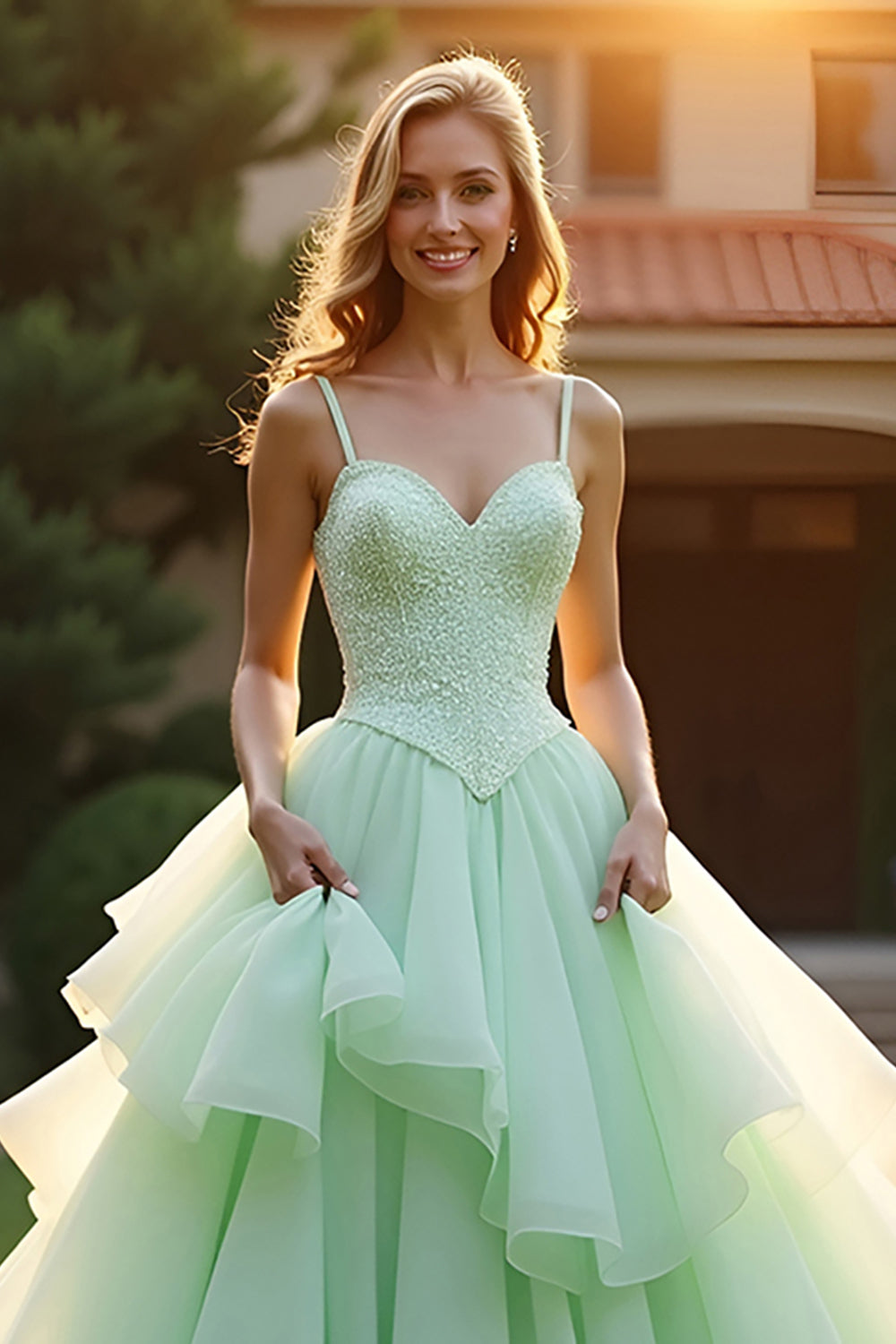 Green Princess Tiered Beaded A Line Long Prom Dress