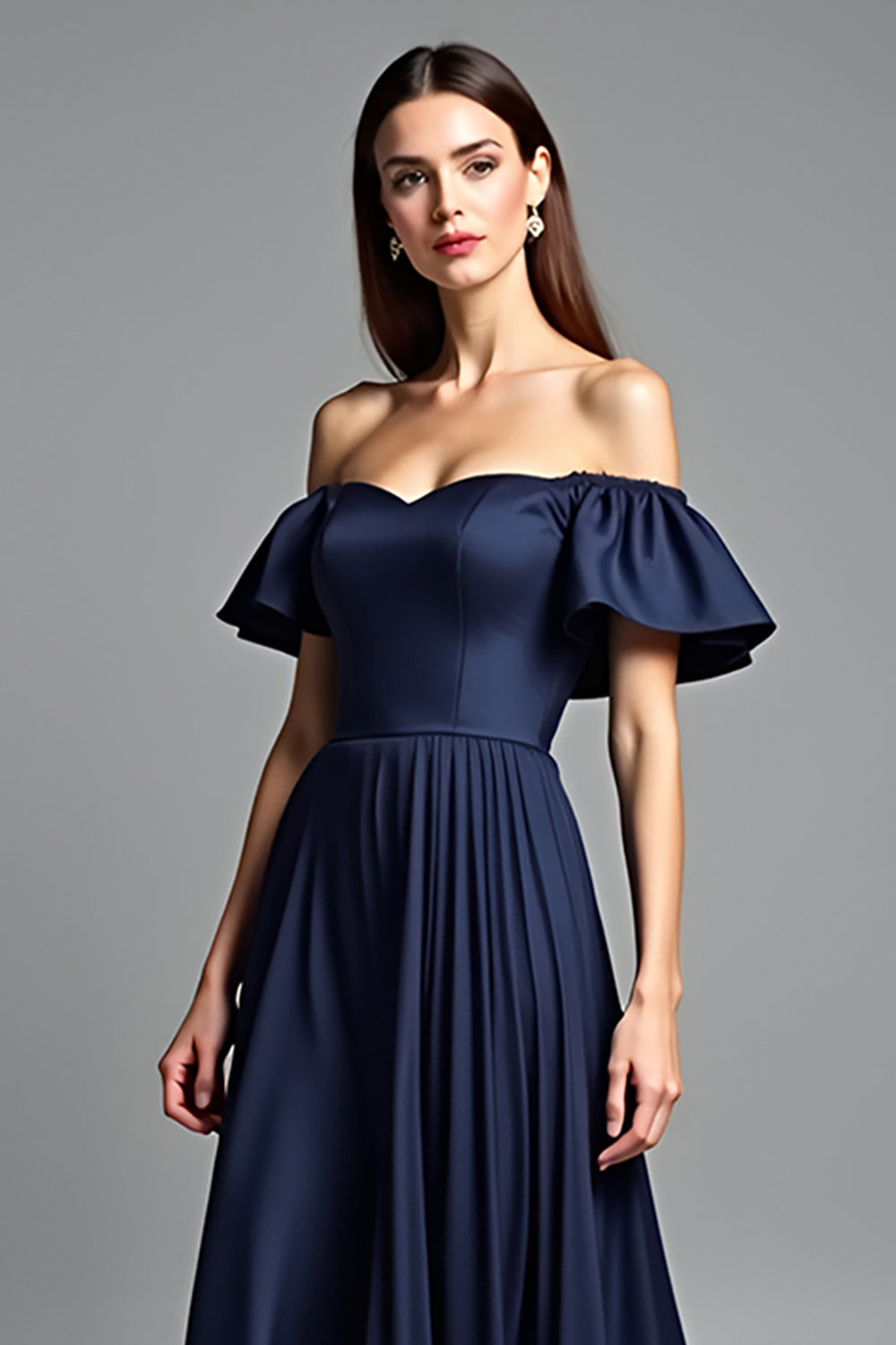 Off the Shoulder Navy Ruched A Line Formal Dress