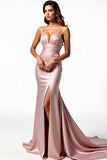 Dusty Rose Spaghetti Straps Mermaid Pleated Prom Dress with Slit