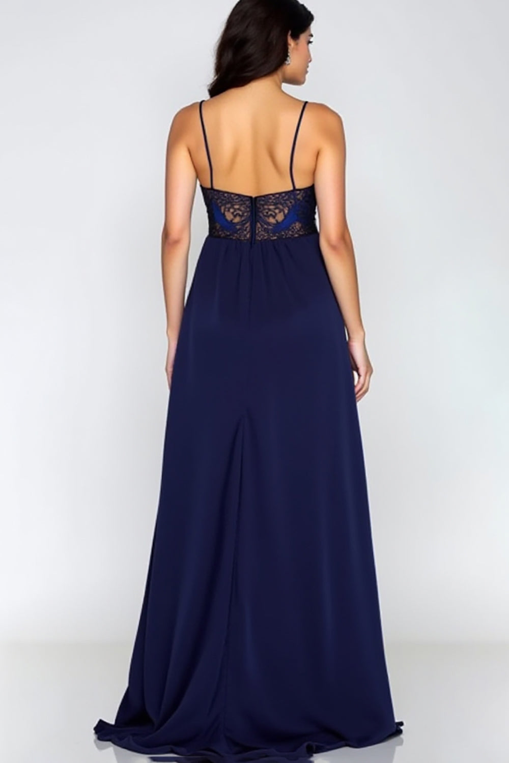 Navy Spaghetti Straps A Line Appliqued Formal Dress with Slit