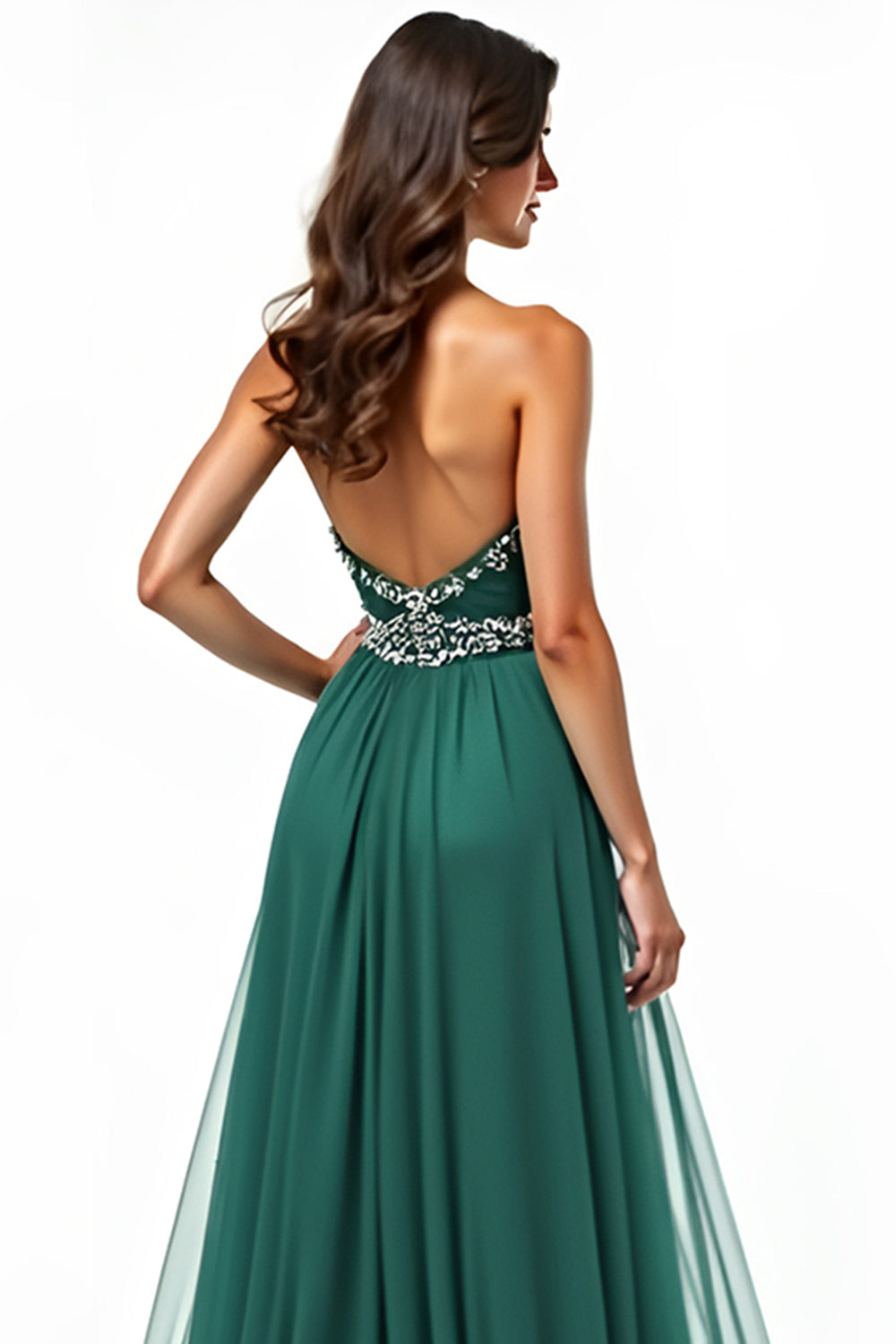 A Line Dark Green Strapless Appliqued Long Prom Dress with Slit