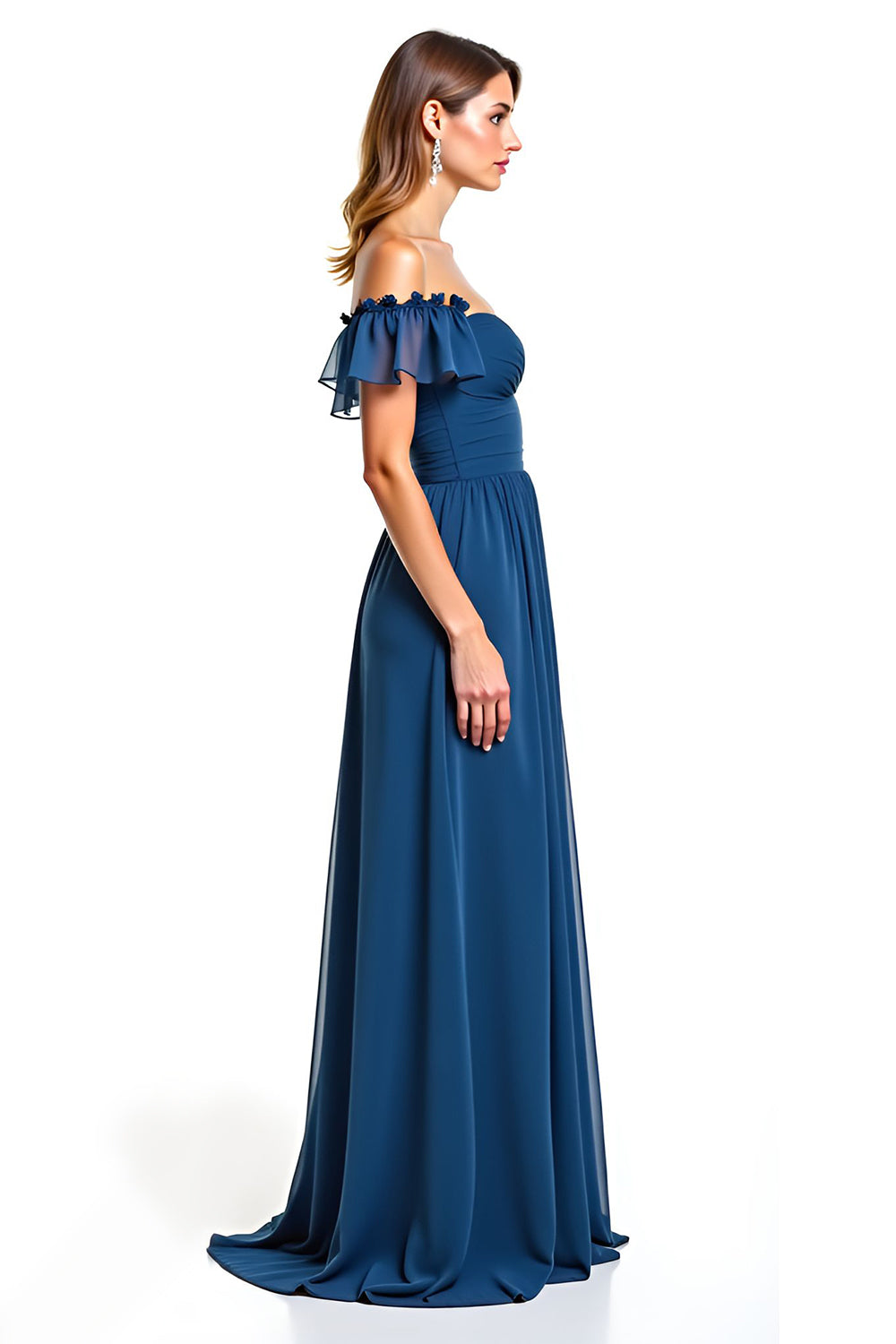 Ink Blue Tulle Off the Shoulder A-Line Ruched Long Wedding Guest Dress