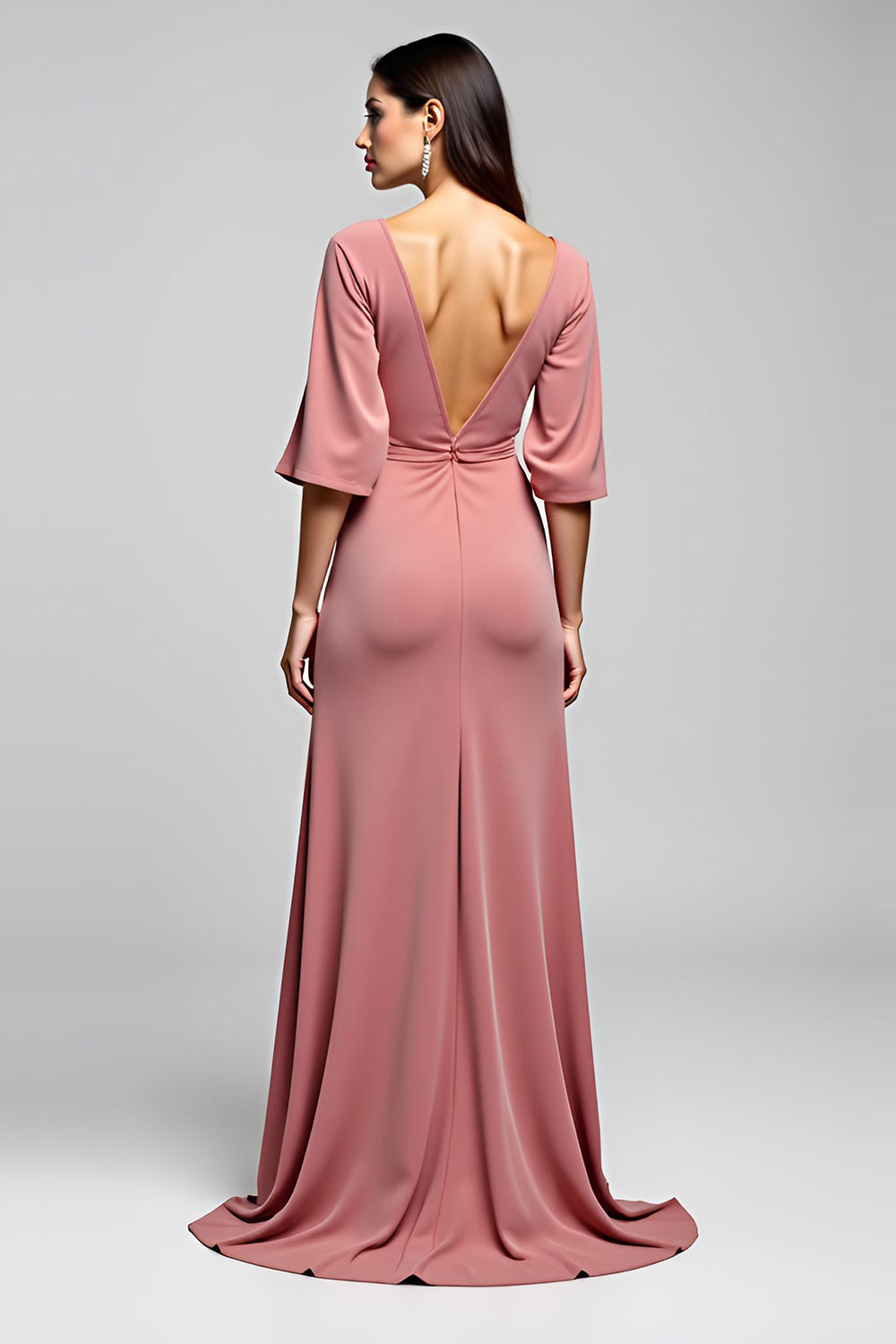 Dusty Rose Open Back V-Neck Long Wedding Guest Dress with Slit