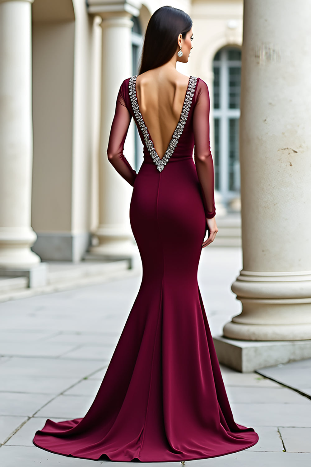 Elegant Mermaid Backless Burgundy Formal Dress with Long Sleeves