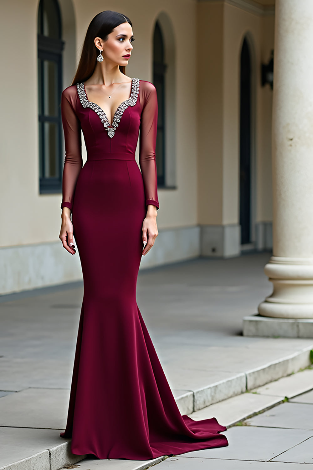 Elegant Mermaid Backless Burgundy Formal Dress with Long Sleeves