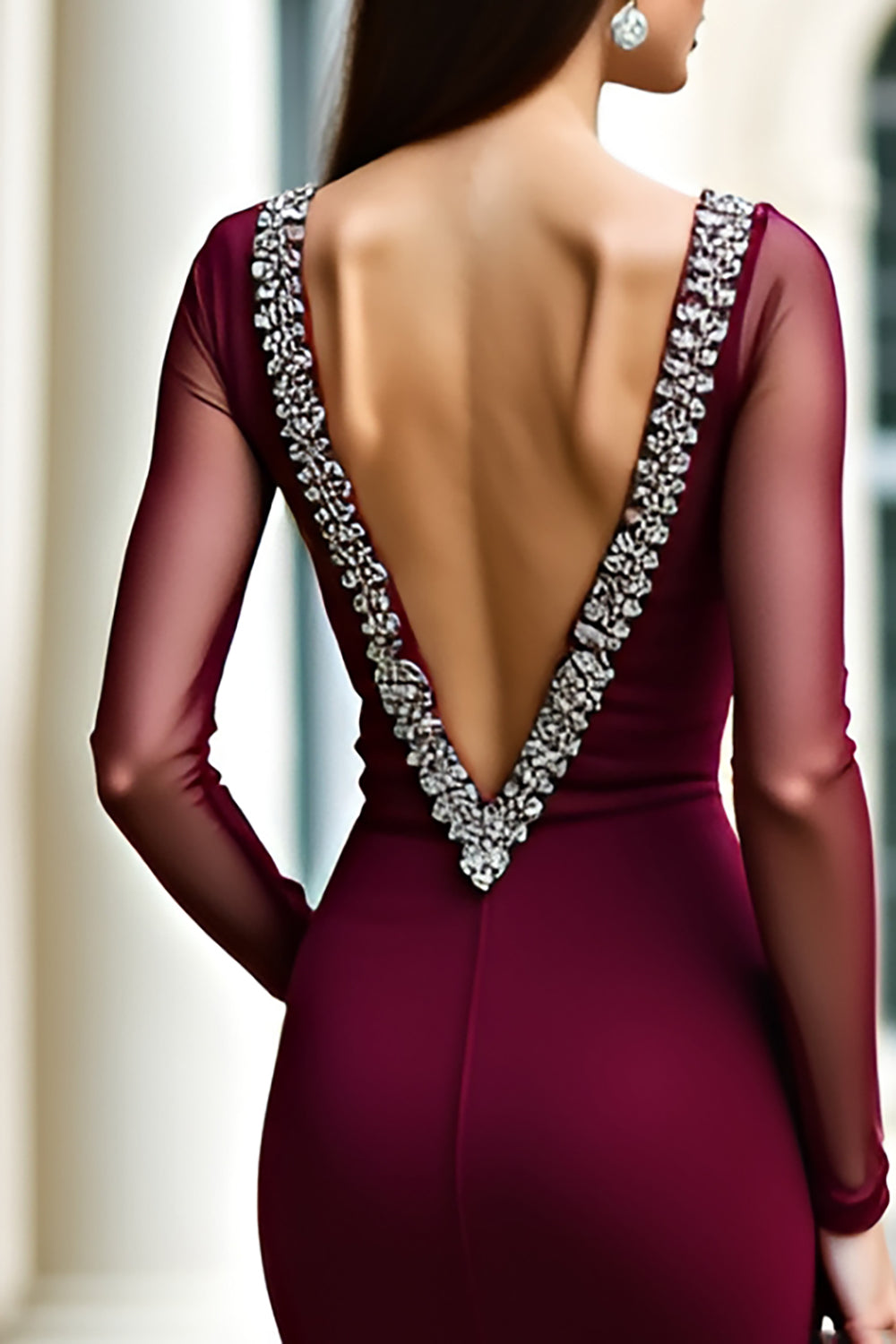 Elegant Mermaid Backless Burgundy Formal Dress with Long Sleeves