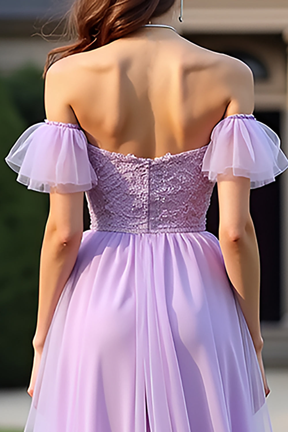 Lilac Lace Organza A Line Off the Shoulder Formal Dress
