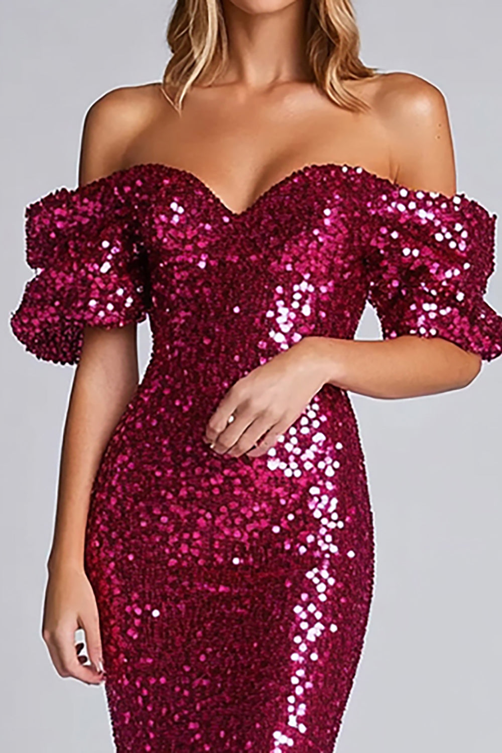 Sparkly Fuchsia Sheath Off The Shoulder Sequin Long Formal Dress