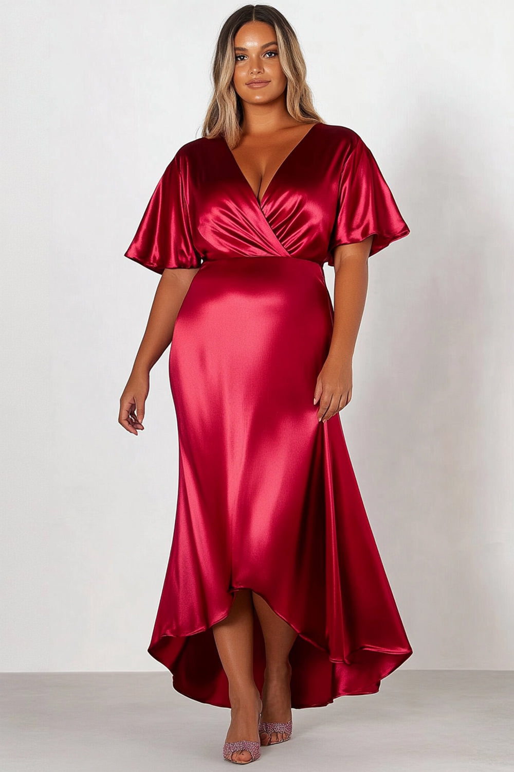 Sheath Red Satin Short Sleeves V Neck Long Formal Dress