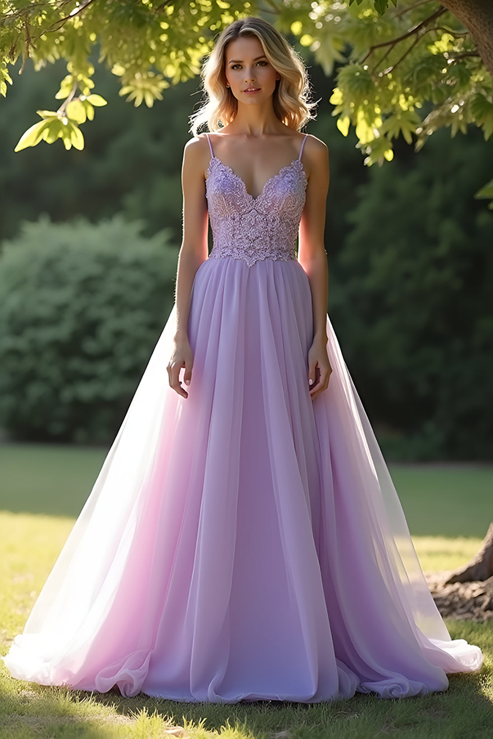 Lilac A Line Spaghetti Straps Long Prom Dress With Lace Appliques