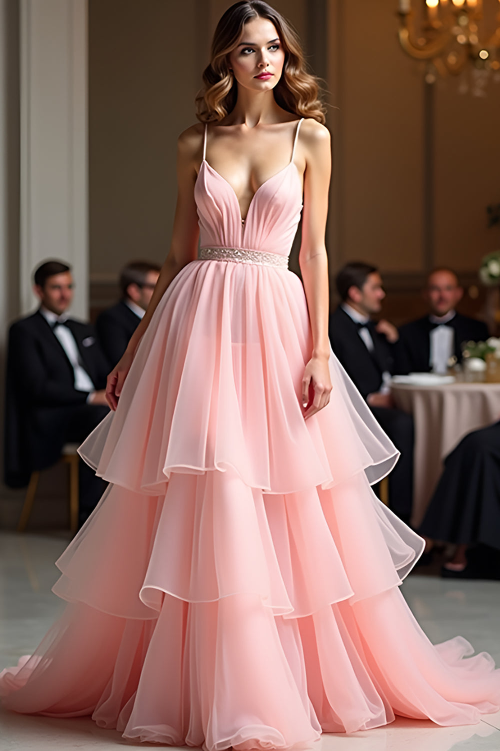 Sparkly Pink A Line Spaghetti Straps Sequin Long Prom Dress With Ruffles