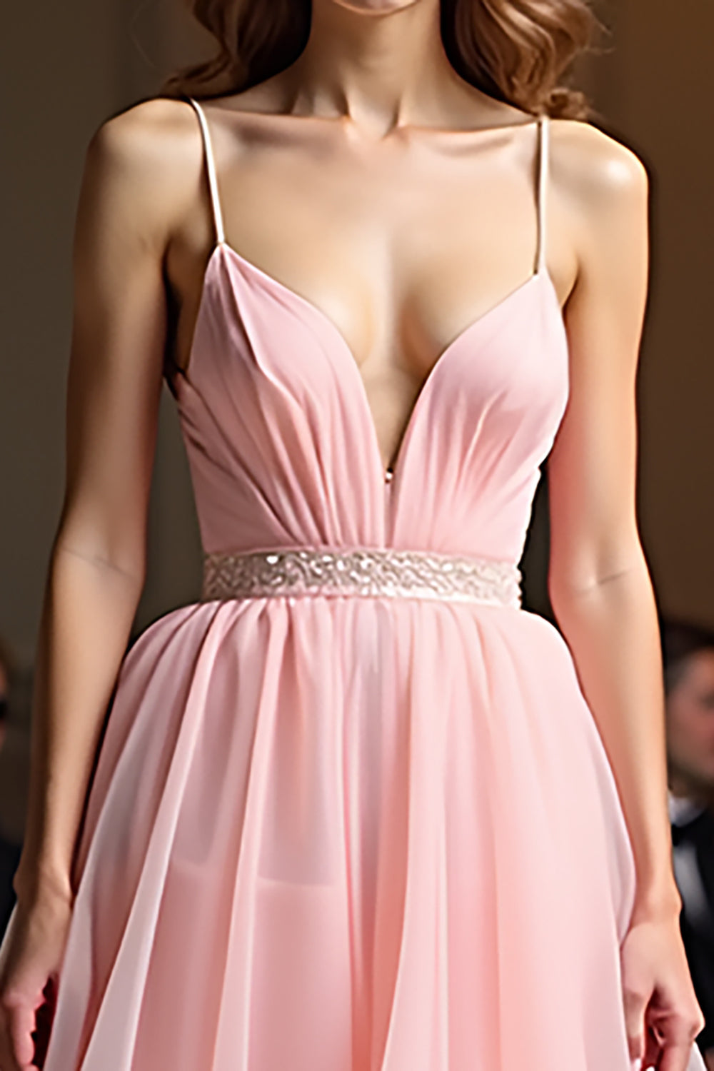 Sparkly Pink A Line Spaghetti Straps Sequin Long Prom Dress With Ruffles
