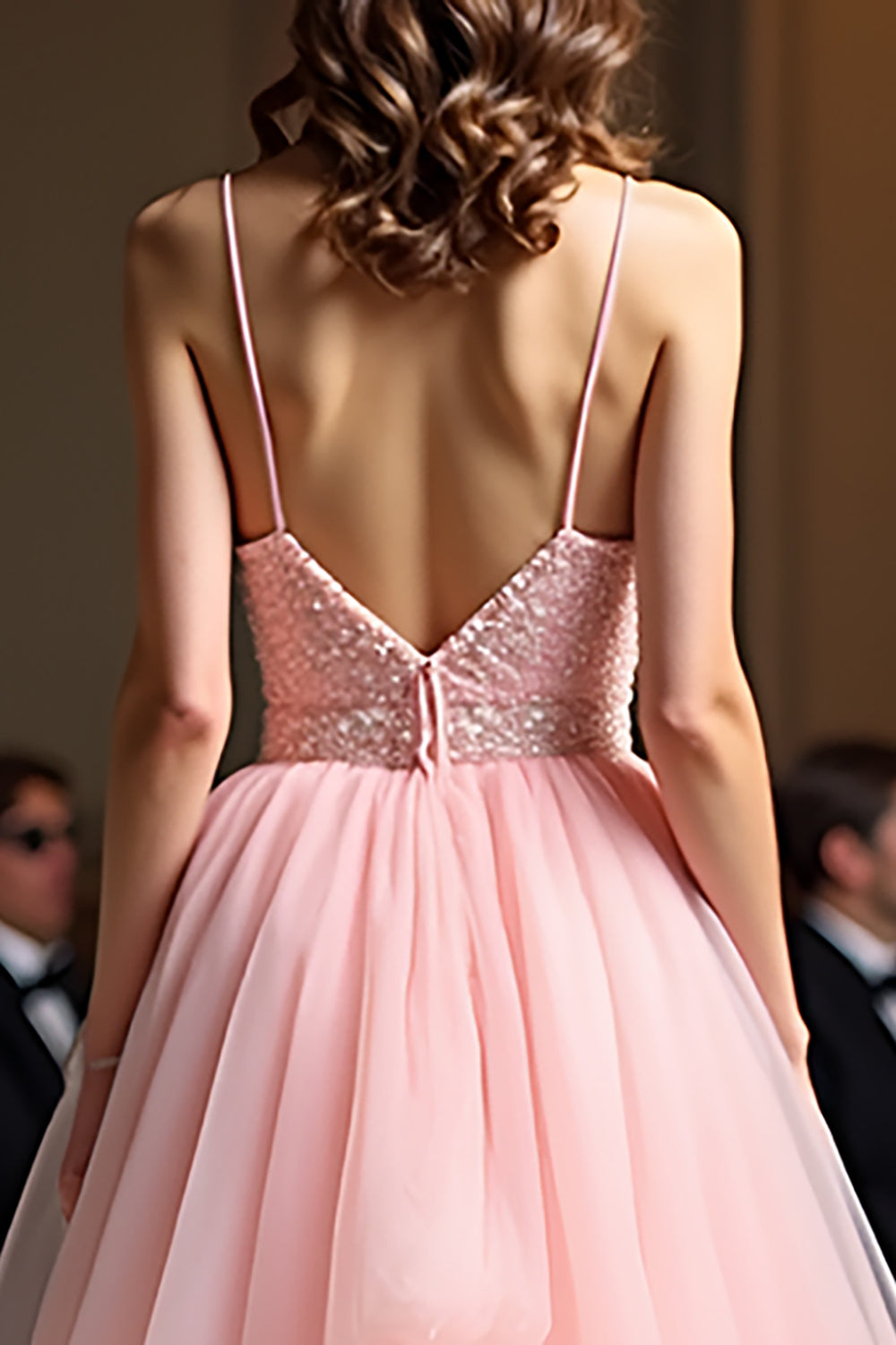 Sparkly Pink A Line Spaghetti Straps Sequin Long Prom Dress With Ruffles