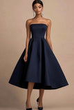 Navy Strapless A Line Satin Midi Formal Dress