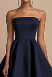 Navy Strapless A Line Satin Midi Formal Dress