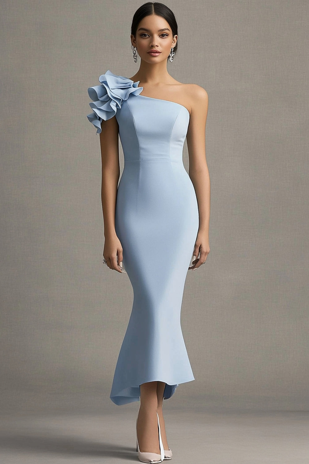 Sky Blue One Shoulder Ruffles Mermaid Formal Dress