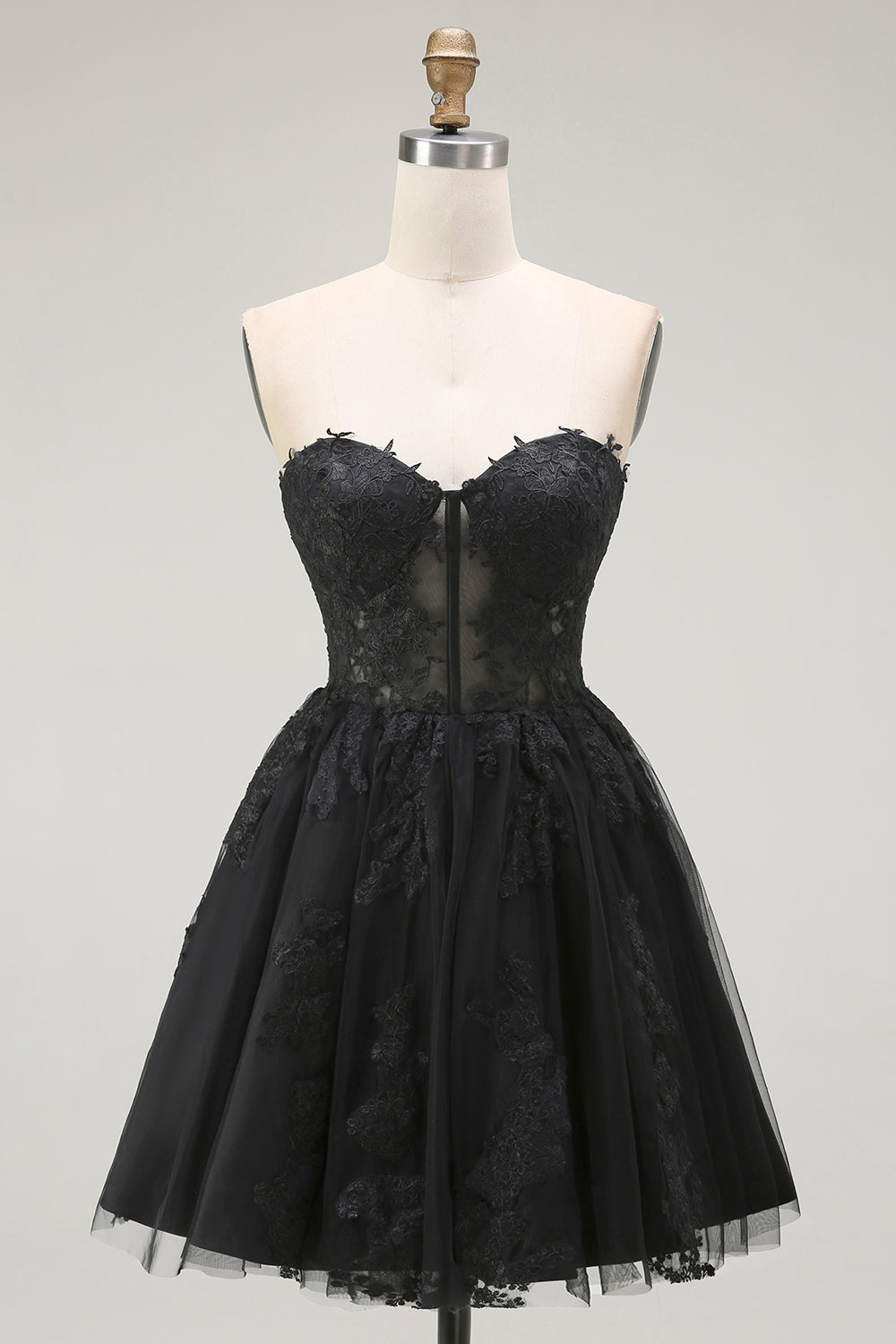 Black A Line Strapless Appliqued Corset Cocktail Dress