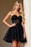 Black A Line Strapless Appliqued Corset Cocktail Dress