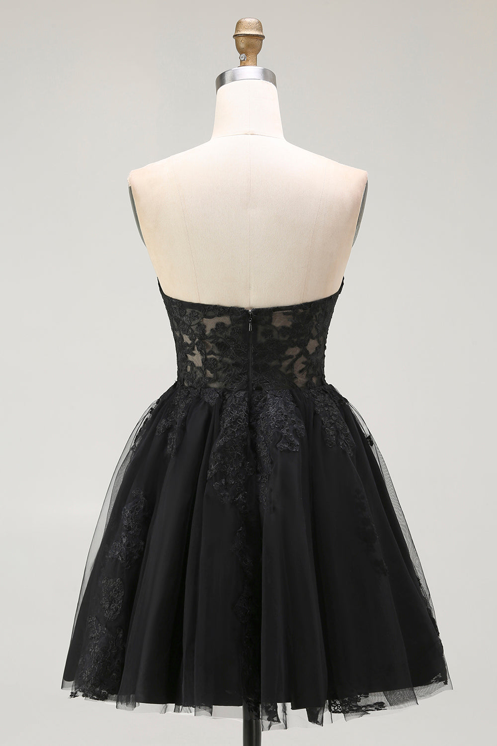 Black A Line Strapless Appliqued Corset Cocktail Dress