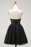 Black A Line Strapless Appliqued Corset Cocktail Dress