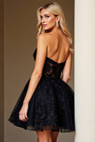 Black A Line Strapless Appliqued Corset Cocktail Dress