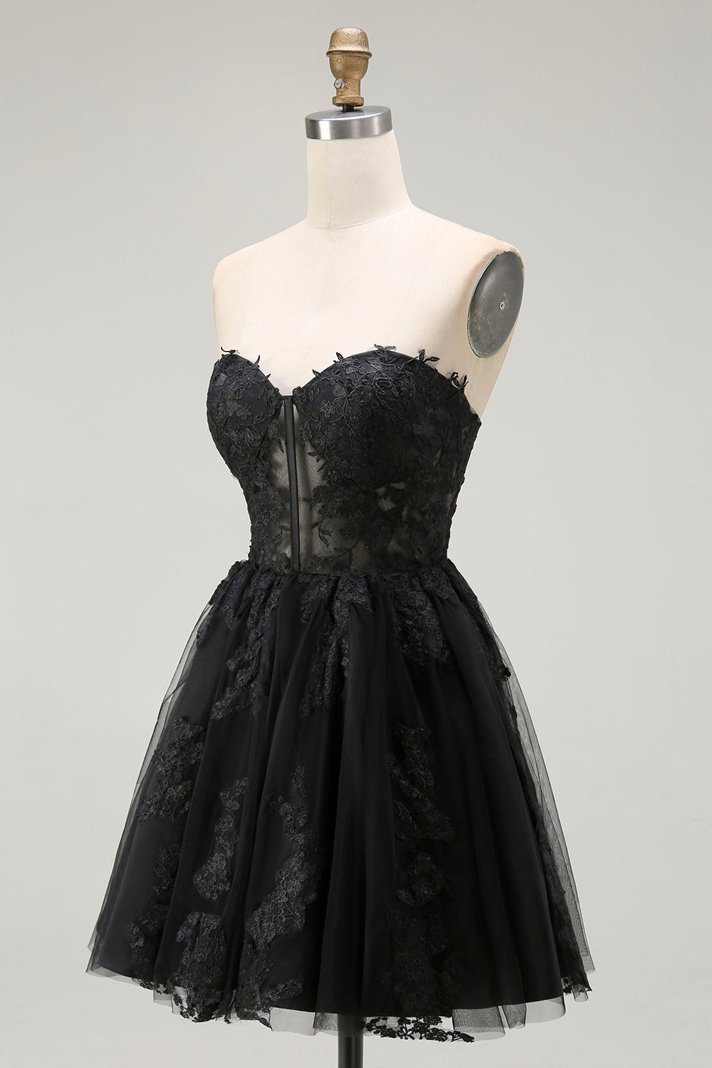 Black A Line Strapless Appliqued Corset Cocktail Dress